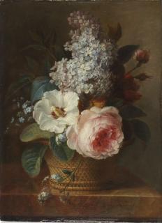Cornelis Van Spaendonck - Pink roses, a Rose Mallow, Lilac, Marigold and Forget-me-nots in a wicker basket on a marble ledge