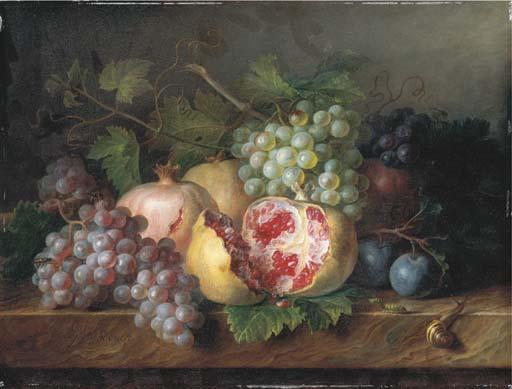 Cornelis van Spaendonck - Pomegranates, grapes and plums with a snail and a caterpillar on a marble ledge