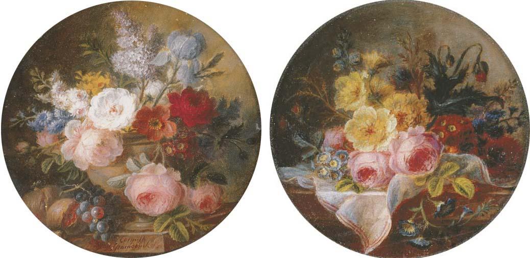 Cornelis Van Spaendonck - Roses, lilac, irises, narcissus, auriculas, cornflowers and other summer flowers in a vase with grapes and pomegranates on a marble plinth; and Roses, poppies, delphiniums, convolvuli and other summer flowers on a draped ledge