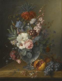 Cornelis Van Spaendonck - Still Life Of Flowers In A Glass Vase With Honeysuckle, Pomegranates And Grapes, All On A Marble Ledge