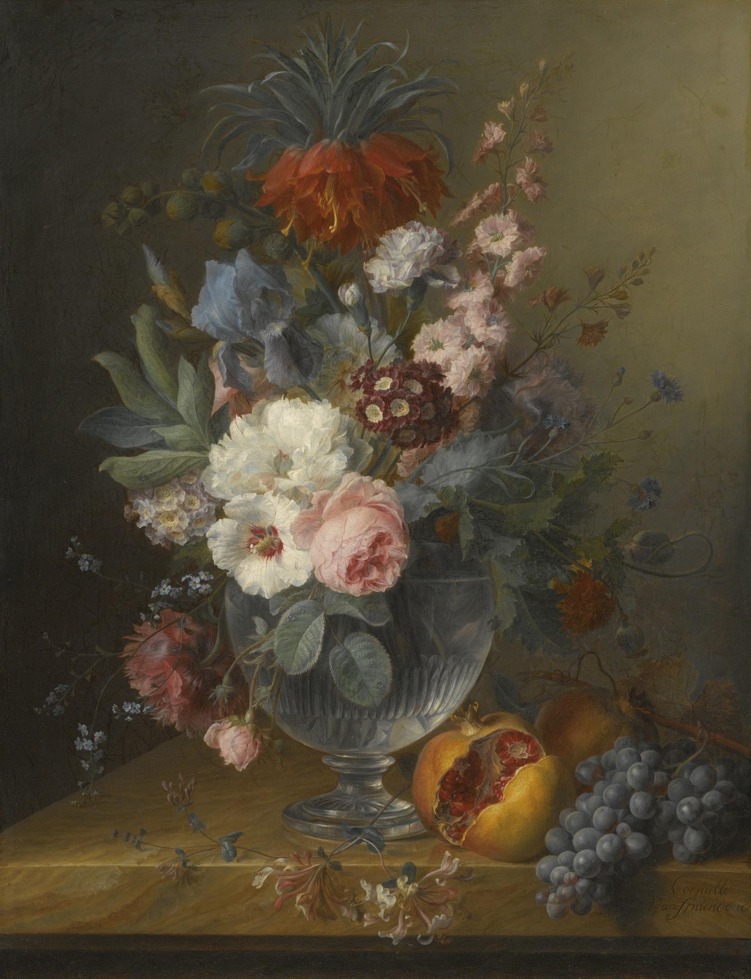 Cornelis Van Spaendonck - Still Life Of Flowers In A Glass Vase With Honeysuckle, Pomegranates And Grapes, All On A Marble Ledge