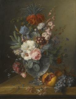Cornelis Van Spaendonck - Still Life Of Flowers In A Glass Vase With Honeysuckle, Pomegranates And Grapes, All On A Marble Ledge