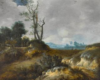 Cornelis van Zwieten - A dune landscape with peasants by a fence