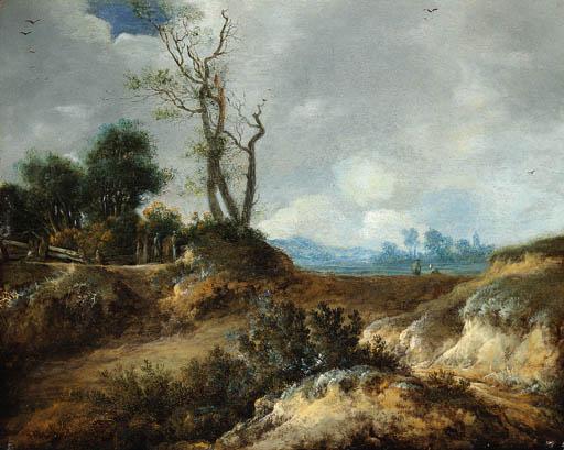 Cornelis van Zwieten - A dune landscape with peasants by a fence