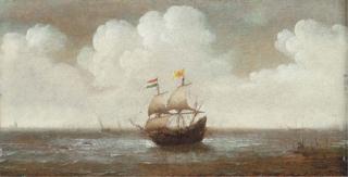 Cornelis Verbeeck - A Dutch Frigate In Choppy Waters And A Man Fishing On The Shore