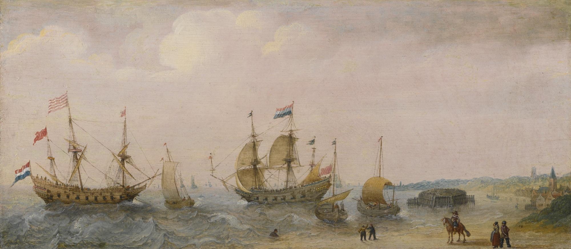 Cornelis Verbeeck - Coastal Scene With War Ships And Fishing Vessels, With Figures On The Shore