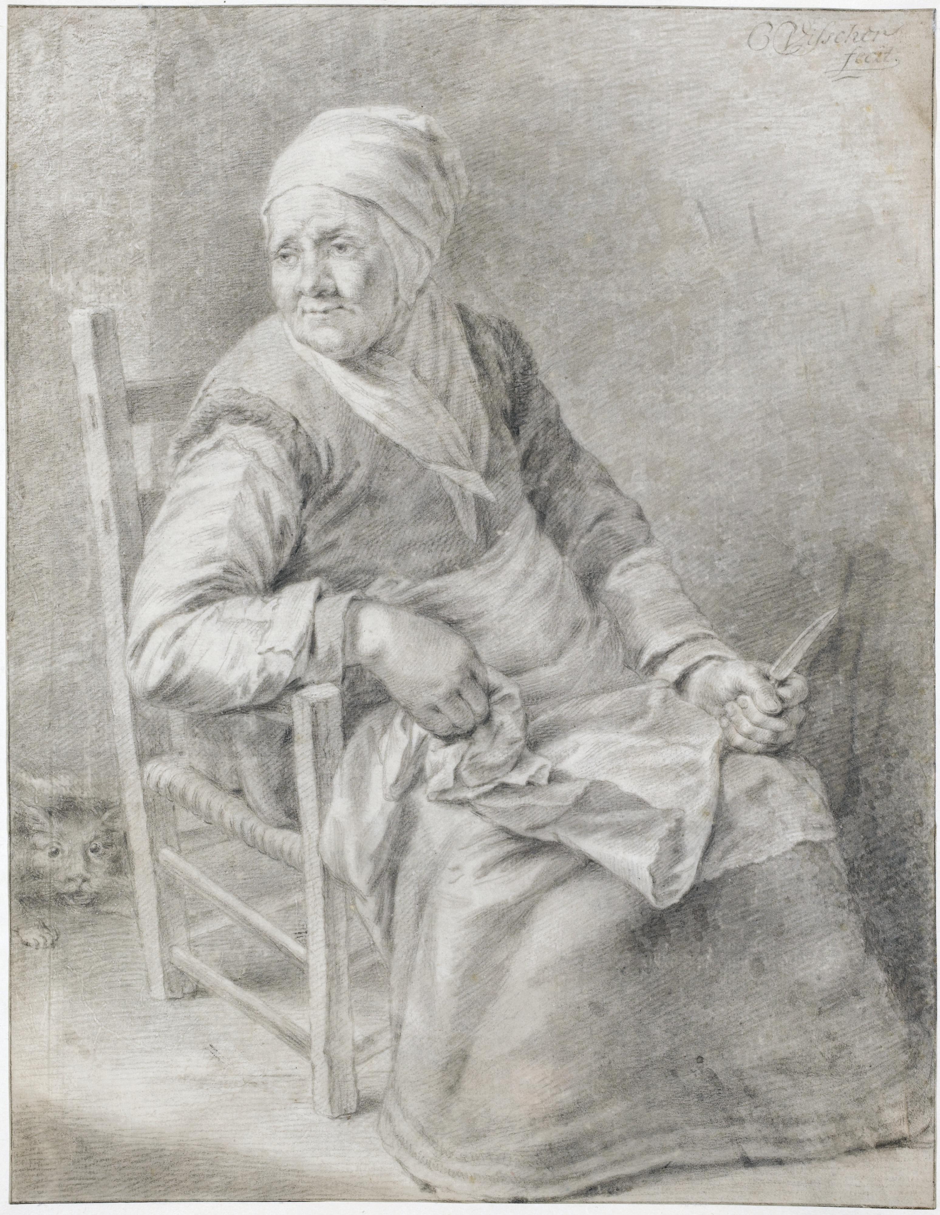 Cornelis Visscher - A Seated Old Lady Holding A Knife
