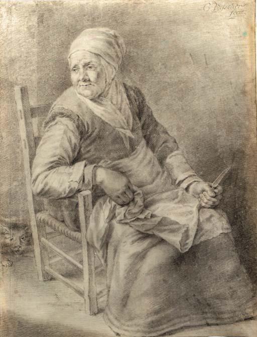 Cornelis Visscher - A woman seated on a chair, holding a knife, a cat behind her