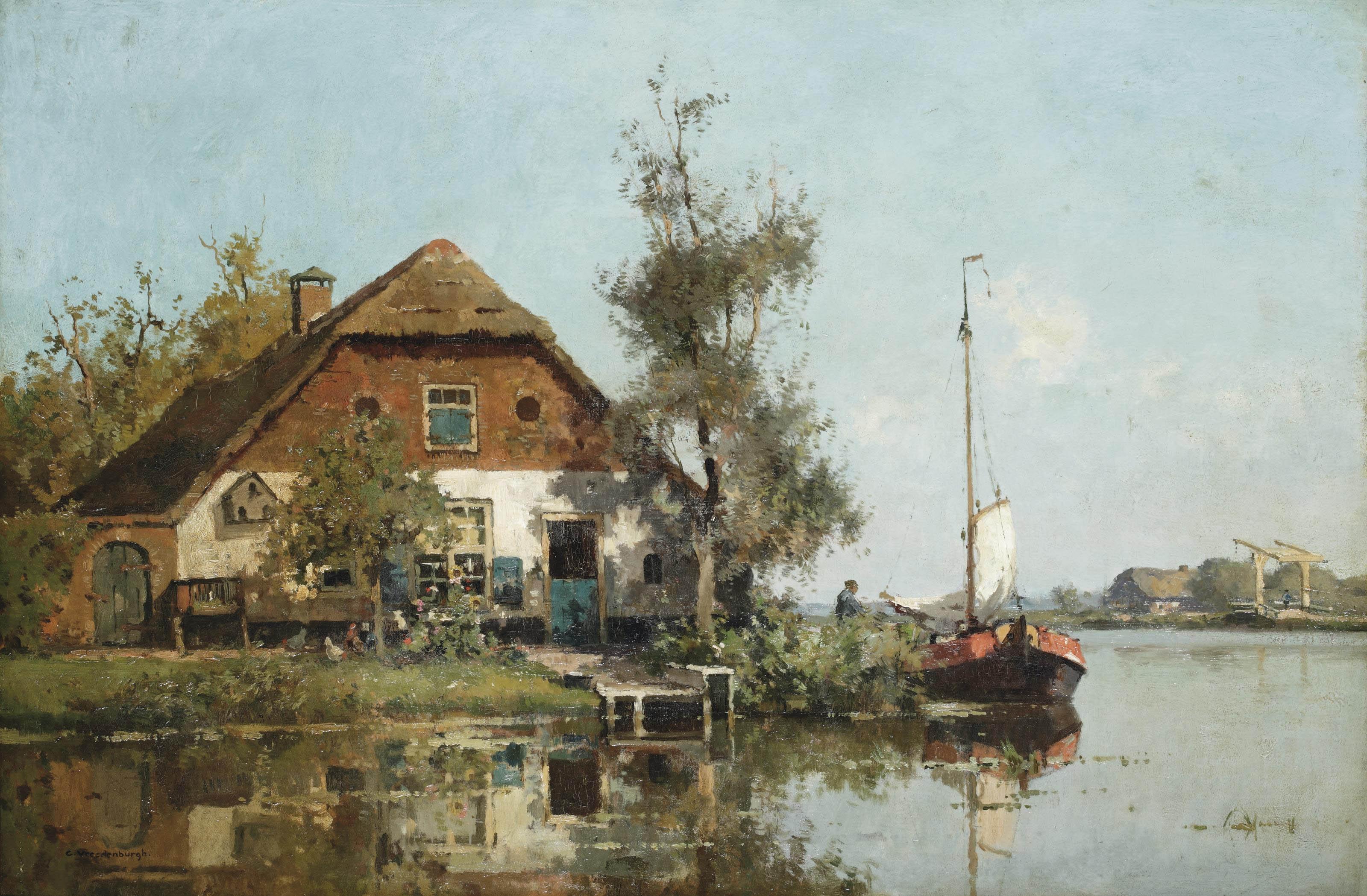 Cornelis Vreedenburgh - A moored sailing vessel near a farmhouse