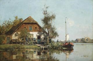 Cornelis Vreedenburgh - A moored sailing vessel near a farmhouse