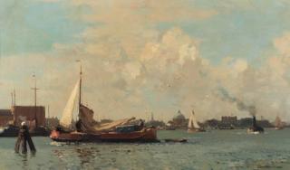Cornelis Vreedenburgh - Barges on the IJ, Amsterdam, the Lutherse Kerk beyond