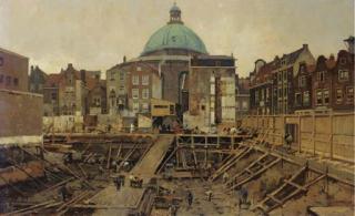 Cornelis Vreedenburgh - Bouwput bij het Hekelveld met de Ronde Lutherse Kerk