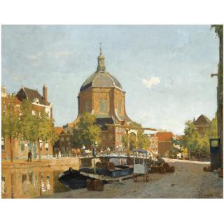 Cornelis Vreedenburgh - Dutch Figures On A Canal Near The Marekerk, Leiden
