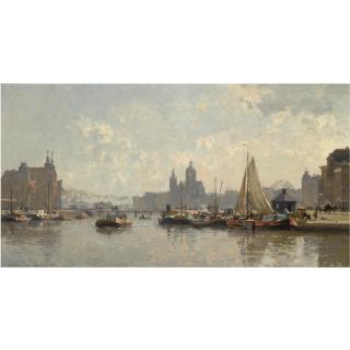 Cornelis Vreedenburgh - Dutch Moored Boats On The Prins Hendrikkade In Amsterdam, The Sint Nicolaas Church In The Background