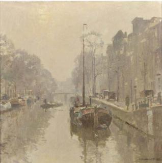 Cornelis Vreedenburgh - Early morning: Boats in a canal, Amsterdam