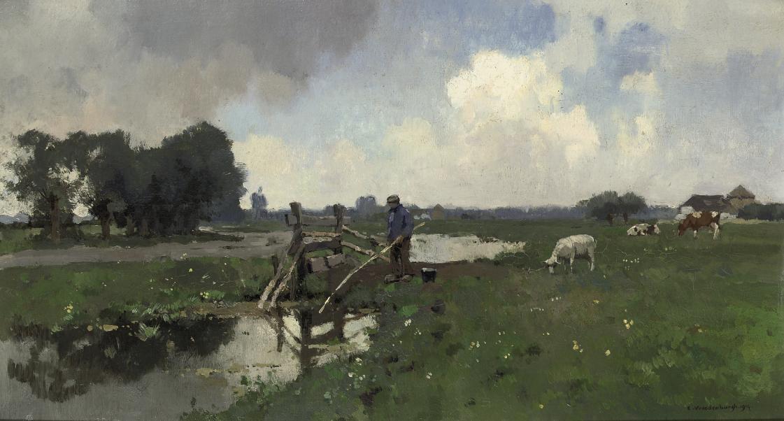 Cornelis Vreedenburgh - Koeien aan de slootkant: A Fisherman in a Dutch Polder Landscape