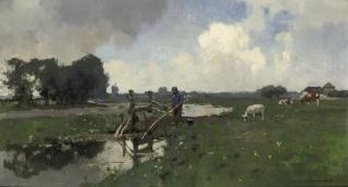 Cornelis Vreedenburgh - Koeien aan de slootkant: A Fisherman in a Dutch Polder Landscape
