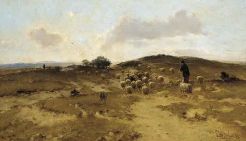 Cornelis Westerbeek - A shepherd herding his flock along a track