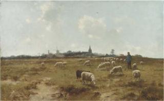 Cornelis Westerbeek - A Shepherd With His Flock, A Village In The Distance