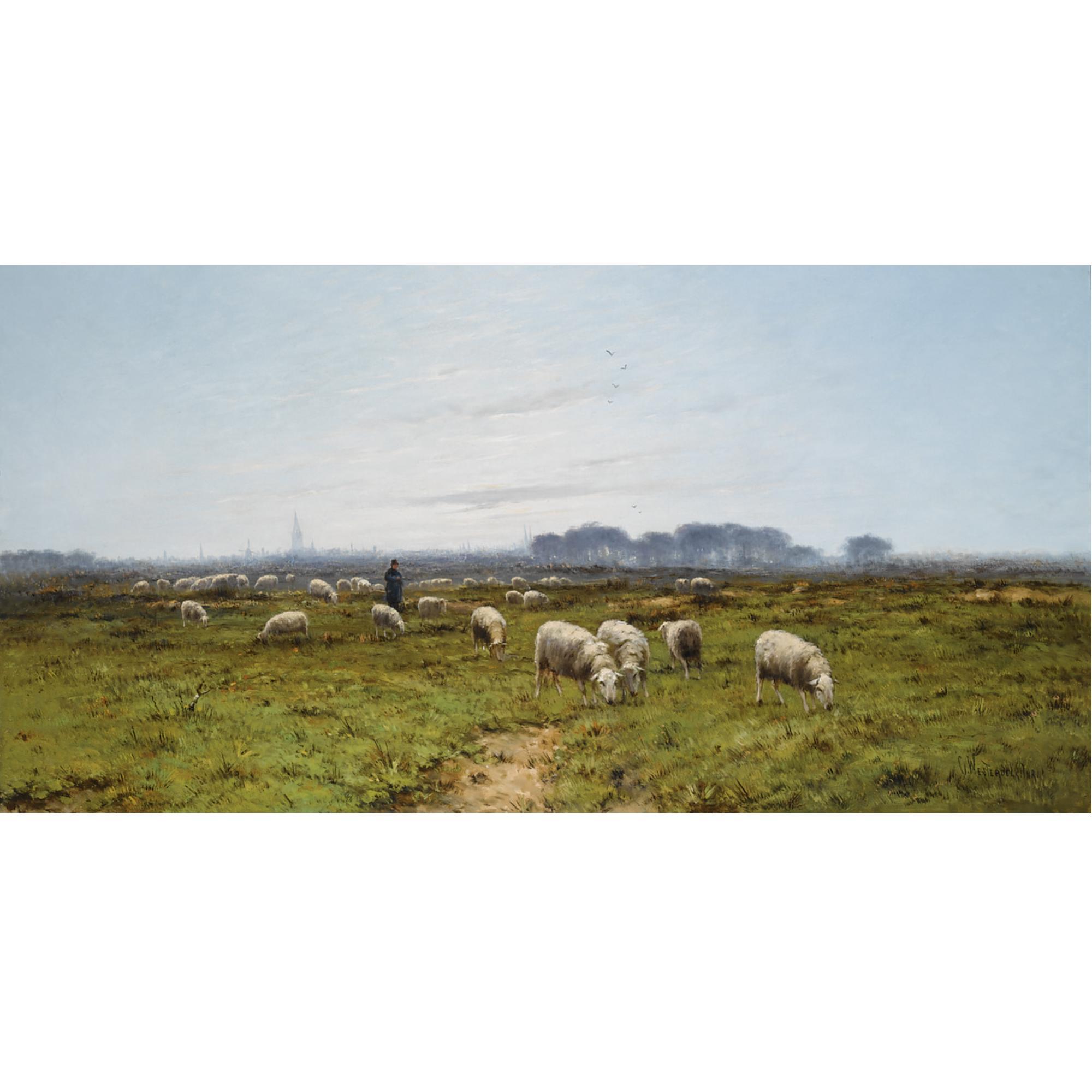 Cornelis Westerbeek - A Shepherdess And Her Sheep In A Summer Landscape