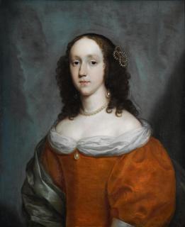 Cornelius Johnson - A Portrait Of A Lady, Half-Length, Wearing An Orange Silk Dress And A Green Silk Shawl
