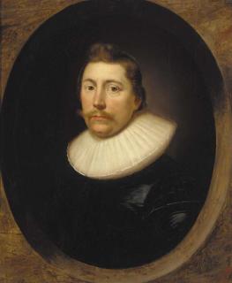 Cornelius Johnson - Portrait of a gentleman, bust-length, in a black silk doublet and white ruff, feigned oval