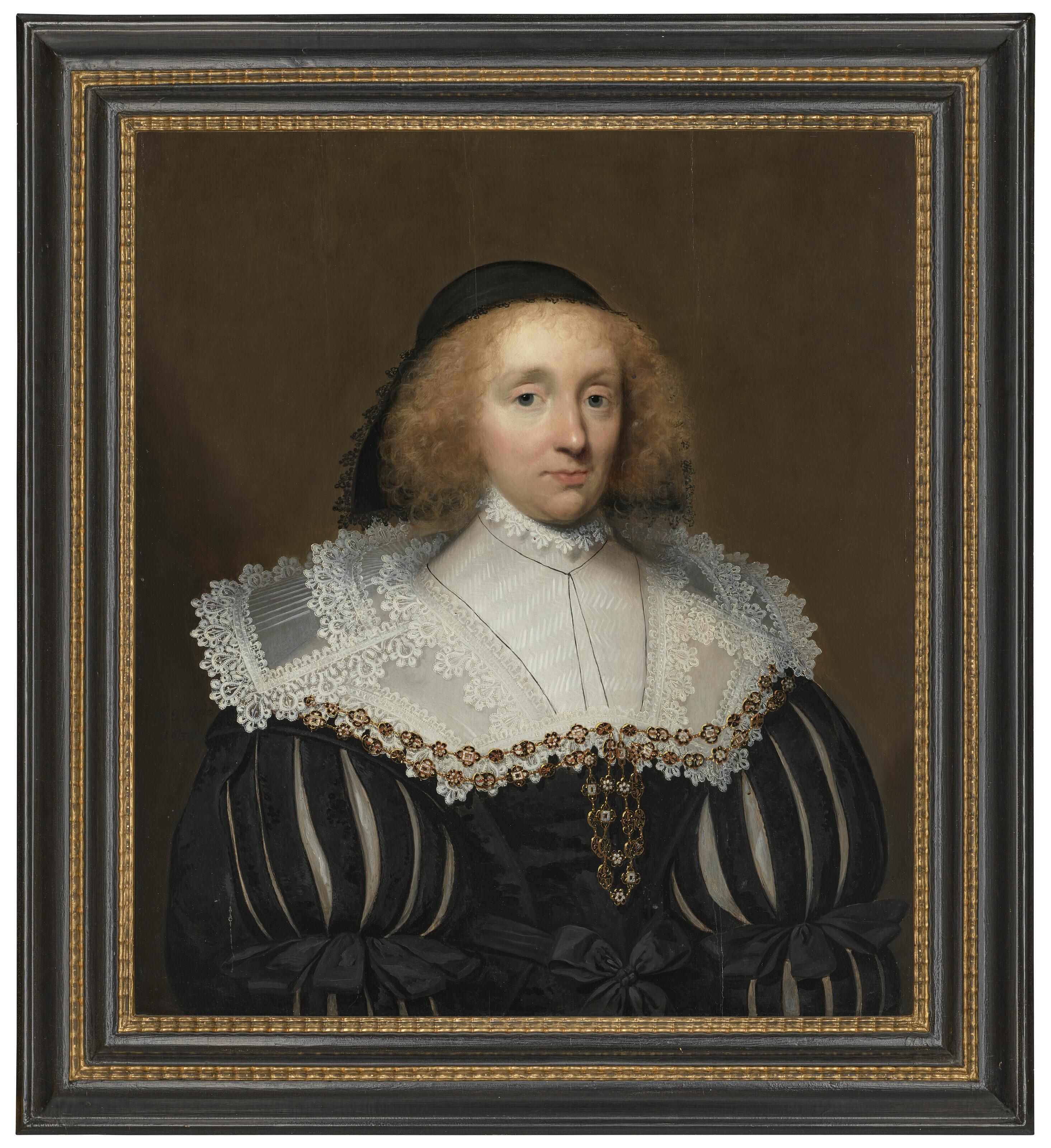 Cornelius Johnson - Portrait of a lady, half-length, in a black dress with slashed sleeves and white lace collar, with a black hat