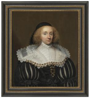 Cornelius Johnson - Portrait of a lady, half-length, in a black dress with slashed sleeves and white lace collar, with a black hat