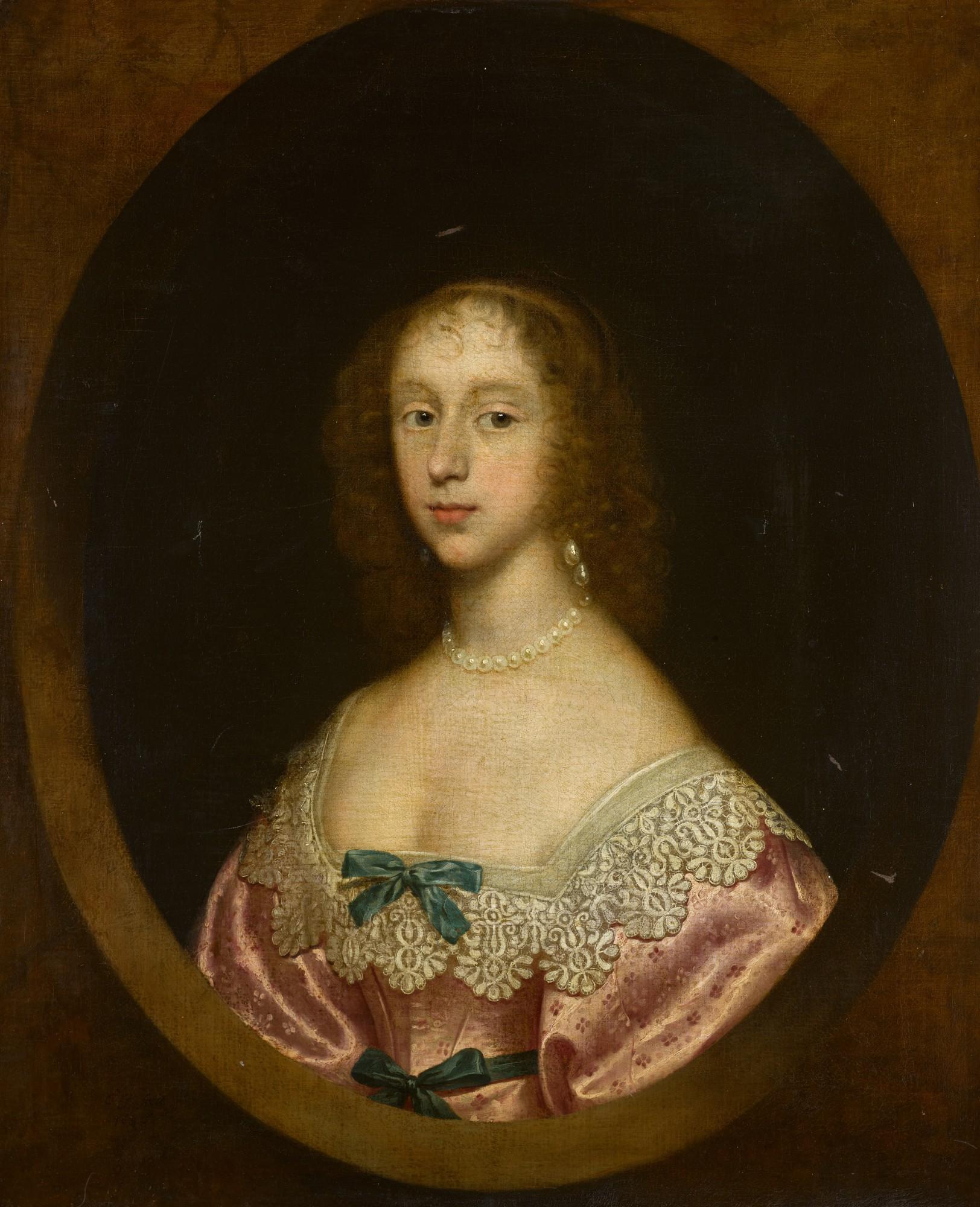 Cornelius Johnson - Portrait of a lady, half-length, wearing a pink dress with green bows and a lace collar