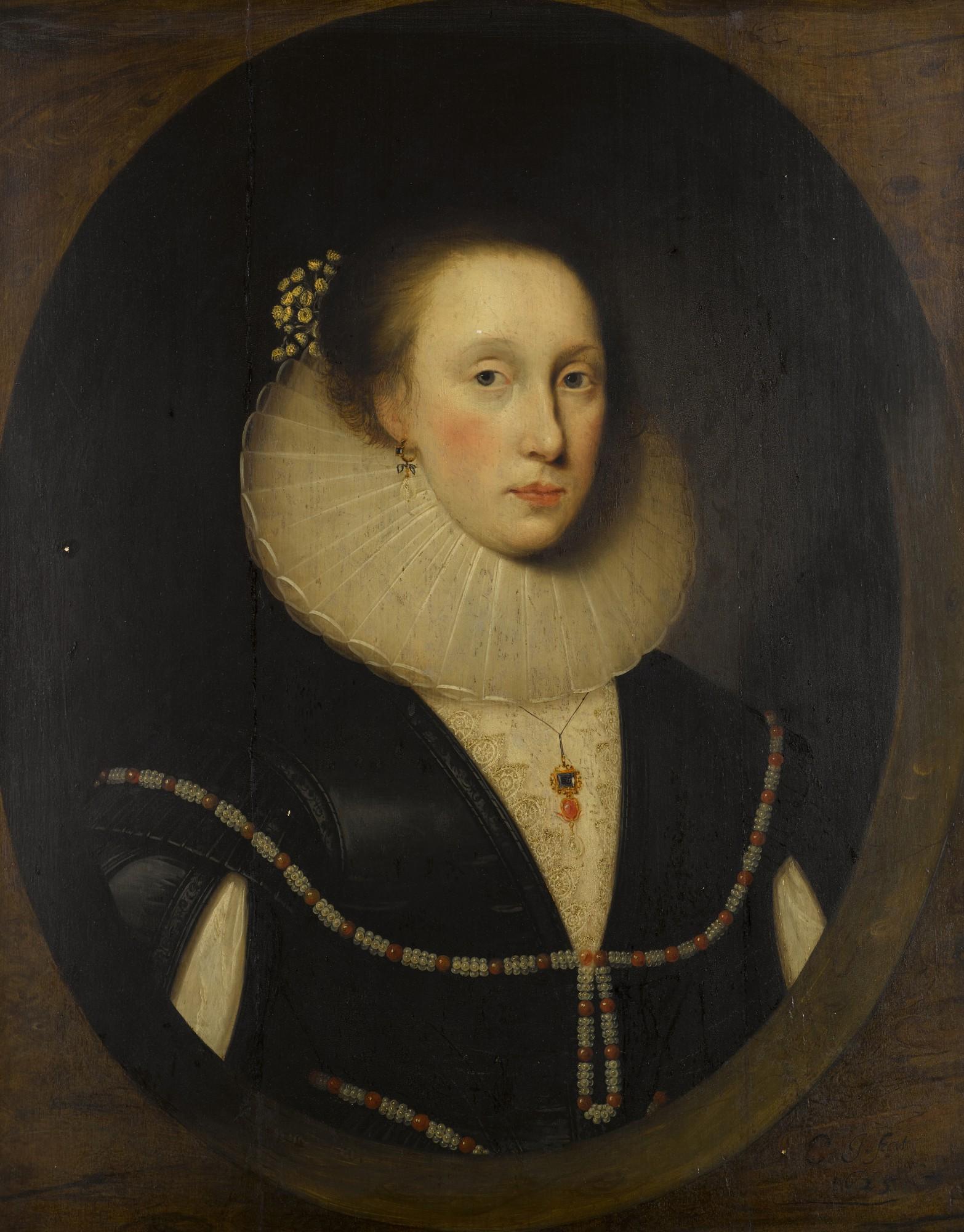 Cornelius Johnson - Portrait of Katherine Lady Leveson (1598-1674), half-length, wearing a black and white dress, a white ruff and a pearl rope