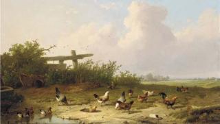 Cornelius Van Leemputten - Landscape and poultry in a landscape