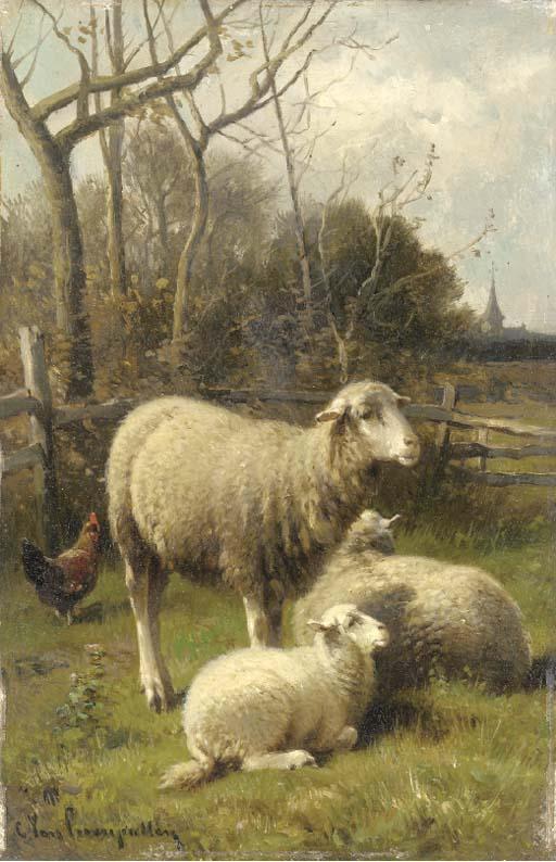 Cornelius Van Leemputten - Sheep And A Hen In A Barnyard