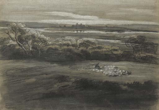 Cornelius Varley - A shepherd and sheep in a wooded landscape