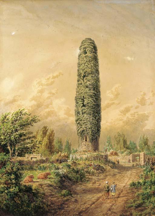 Cornelius Varley - An ivy-covered tower by an open track, Ireland
