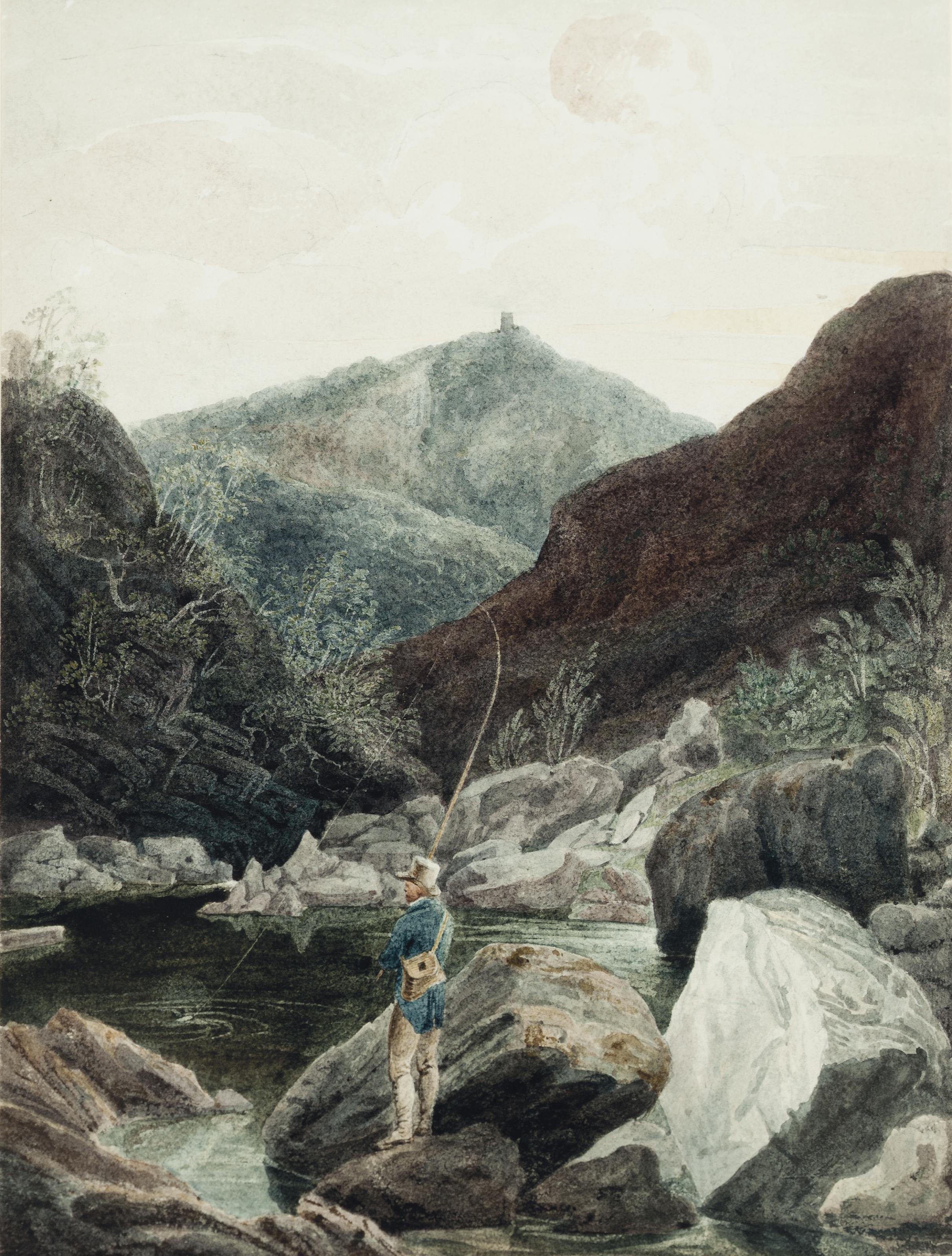 Cornelius Varley - Fishing On The Rheidel, Near Devil\'S Bridge, Wales