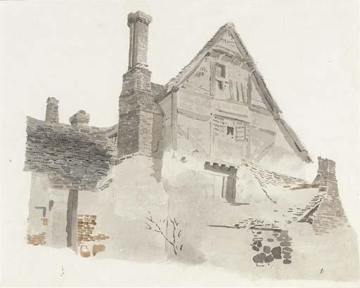 Cornelius Varley - Study of a timber-framed gabled farmhouse