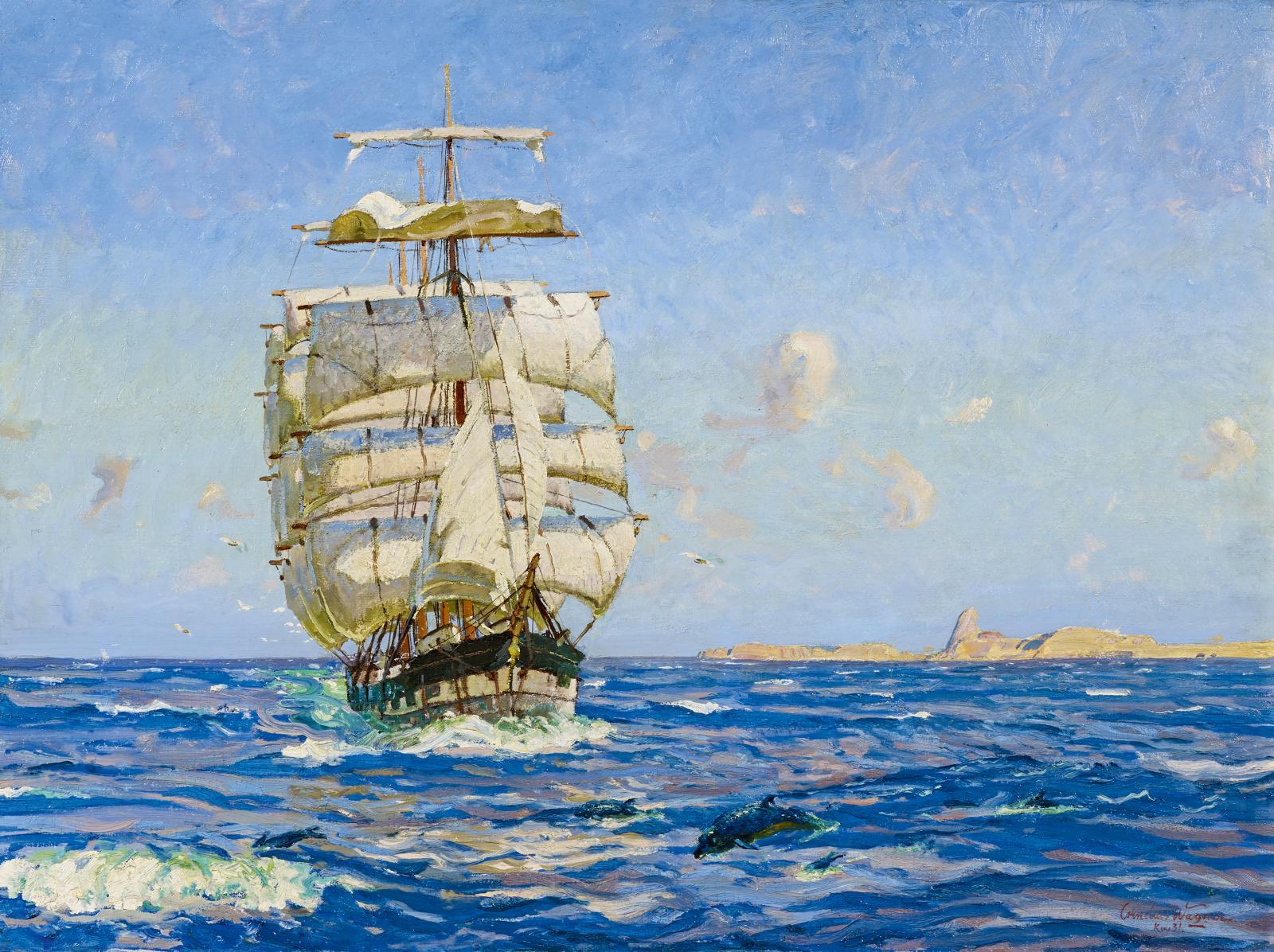 Cornelius Wagner - Aufspringende Delphine vor einem Segler