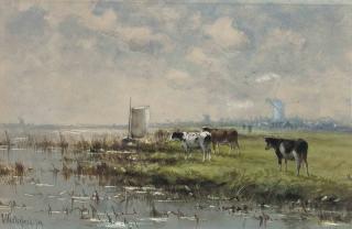 Cornelius Westerbeek - Cattle grazing by the banks of the river on a sunlit afternoon, the Netherlands
