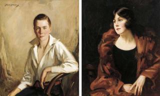 Cowan Dobson, R.B.A., R.P. - Portrait of Stewart Cruikshank, seated three-quarter-length, in a white shirt and red belt; and Portrait of Dorothy Cruikshank, seated three-quarter-length, in a black dress and red cloak