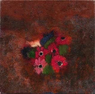 Craigie Aitchison C.B.E., R.S.A., R.A. - Anemones with red background 40.6 x 40.6 cm. (16 x 16 in.) Painted circa 1956/7