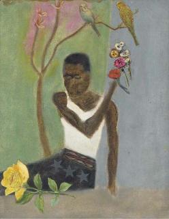 Craigie Aitchison, R.A. - African Boy with Rose, Flowers and Budgies