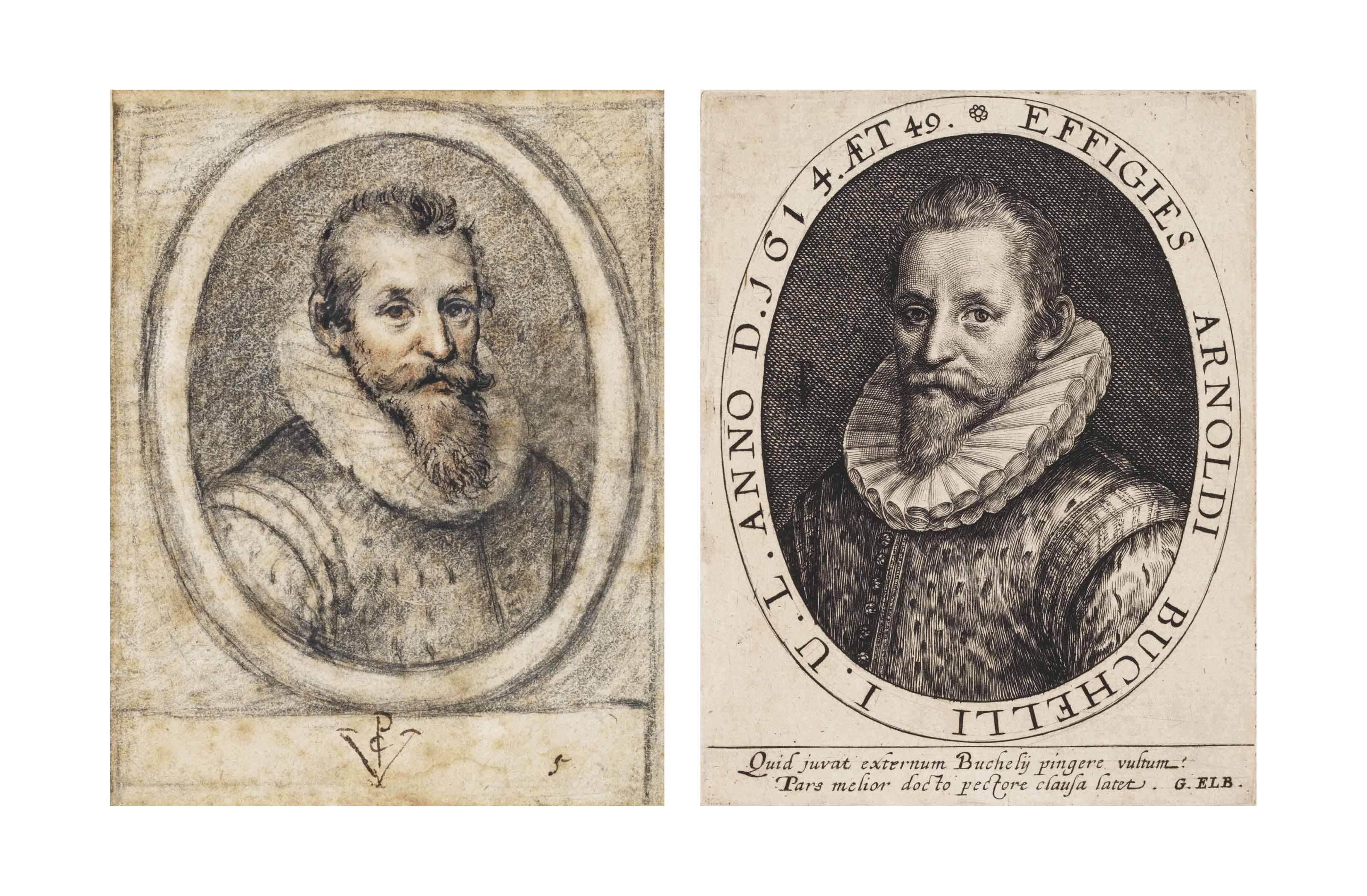 Crispijn de Passe I - Portrait Of Aernout Van Buchel (1565-1641), Aged 49, Bust-Length, Wearing A Pinked Doublet And A Ruff