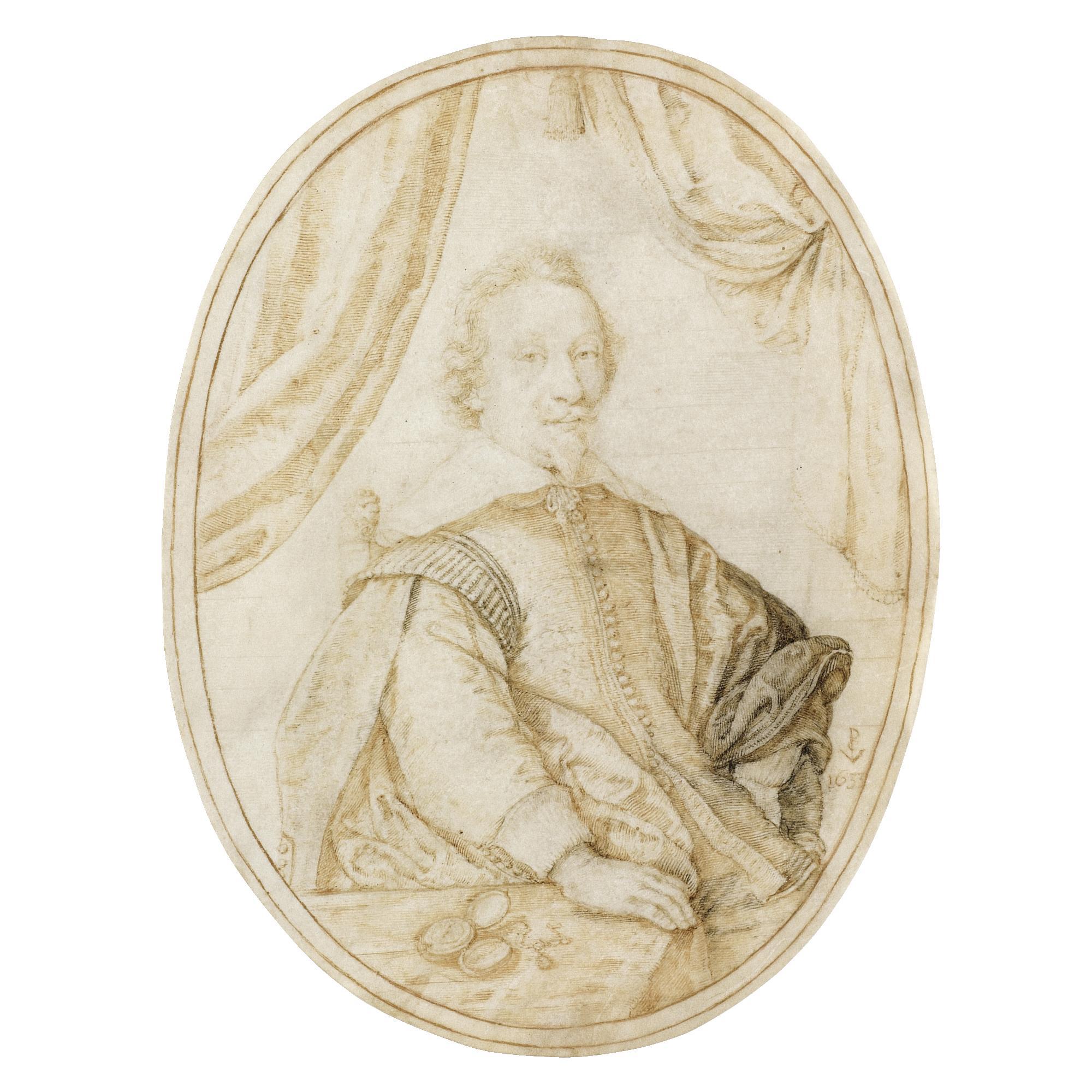 Crispijn Van De Passe I - Portrait Of A Gentleman, Seated At A Table Which Bears A Compass