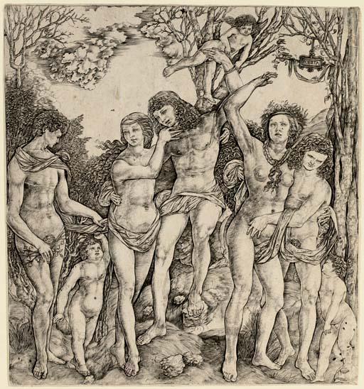 Cristofano Robetta - Man tied to a Tree by Eros (Allegory of Love?) (B. 25)