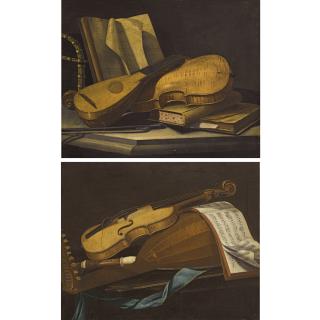 Cristoforo Munari - A Still Life Of A Violin, A Lute And A Recorder On A Table; A Still Life Of A Violin And A Lute On A Table With Books