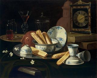 Cristoforo Munari - Biscuits, Porcelain And An Earthenware Pot On A Silver Charger With A Glass Of Wine, Books, A Clock, Jasmine Blossoms And Other Vessels On A Partially Draped Stone Ledge