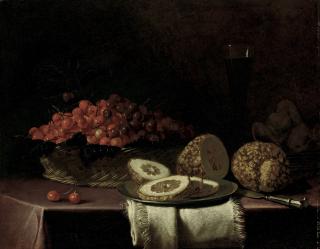 Cristoforo Munari - Cherries In A Wicker Basket, Sliced Citrons On A Pewter Plate, A Knife, Bread And A Glass Of Wine On A Linen-Covered Table