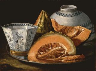 Cristoforo Munari - Melon and an octagonal cup on a silver charger, an upturned bowl behind