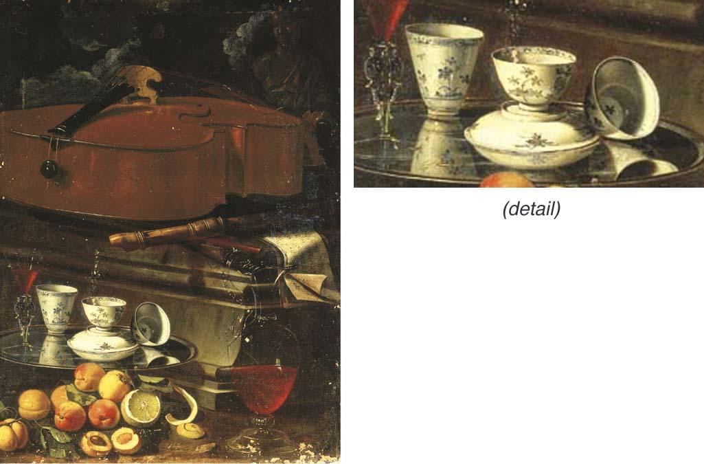 Cristoforo Munari - Porcelain cups and a façon de venise glass on a salver, with a ewer of wine, a peeled lemon, peaches and other fruit, all before a plinth with a cello and a recorder
