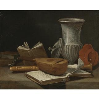 Cristoforo Munari - Still Life With A Lute, A Recorder, Books, A Marble Covered Vase And Other Objects Resting On A Table